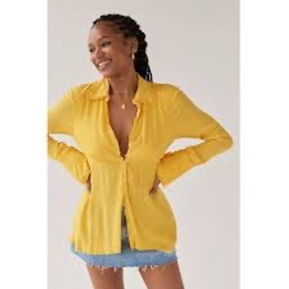 NWT‎ Urban Outfitters Yellow Open Back Button Down High Low Peplum Top Medium - Picture 2 of 11